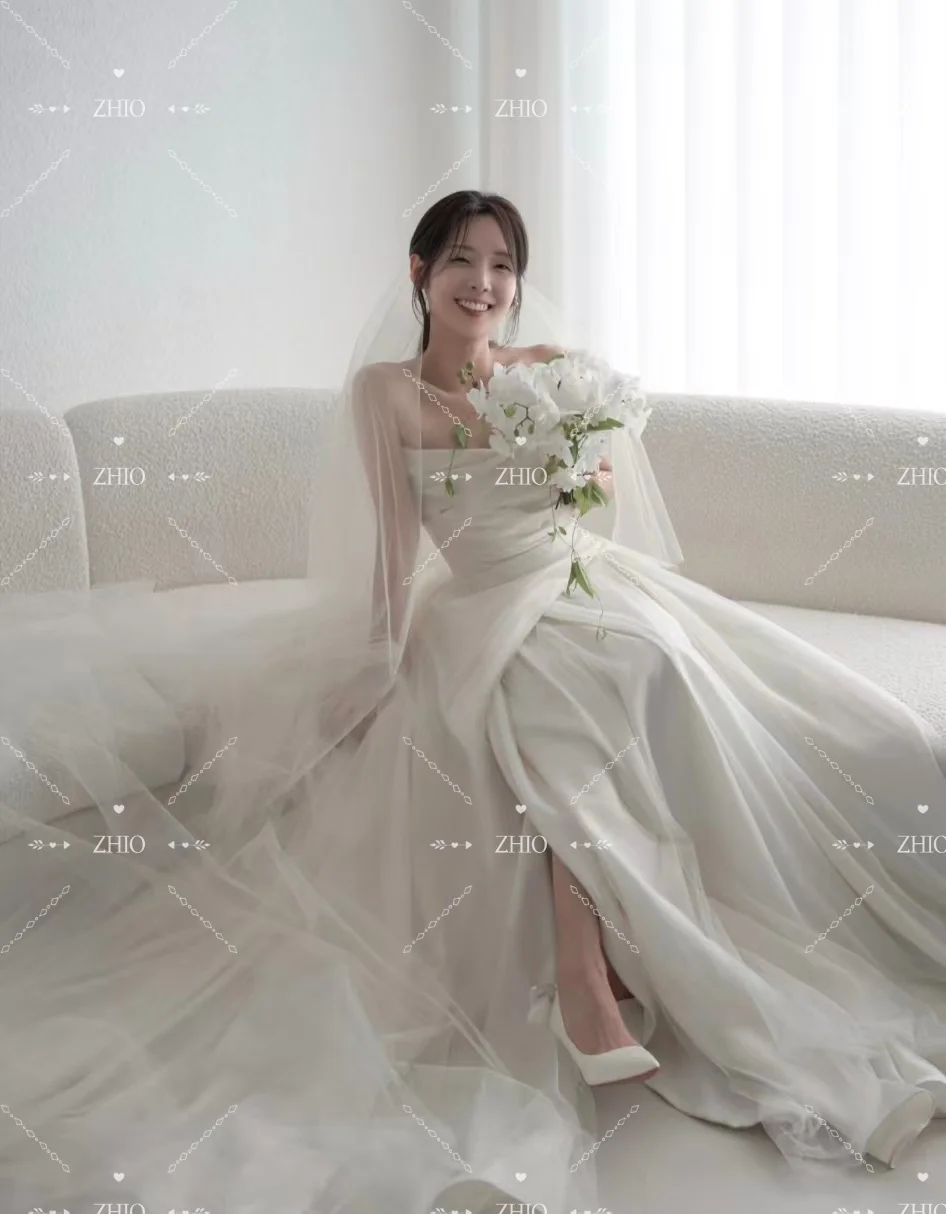ZHIO Vestido de novia clásico de color marfil, satén plisado sin tirantes con tul, sesión de fotos de Corea, vestido de recepción nupcial personalizado kurs