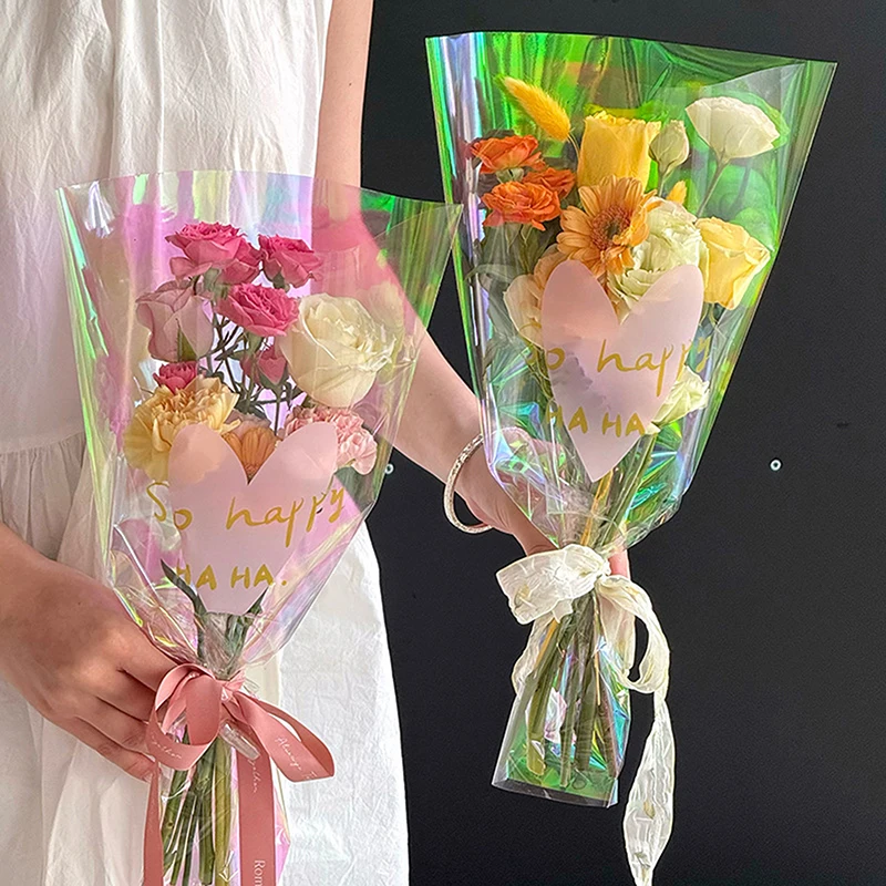 【P】30PCS Love Heart Iridescent Single Rose Sleeves DIY Transparent Flower Wrapping Bag Floral Material Packaging Waterproof