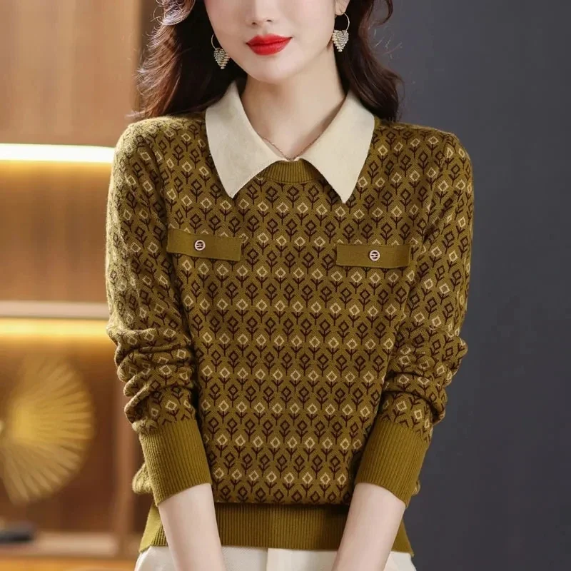 

2024 Autumn Winter Join Together Doll Collar Long Sleeve Women's Knitting Pullover Sweater Loose Elegant Femme Jumper knitwear