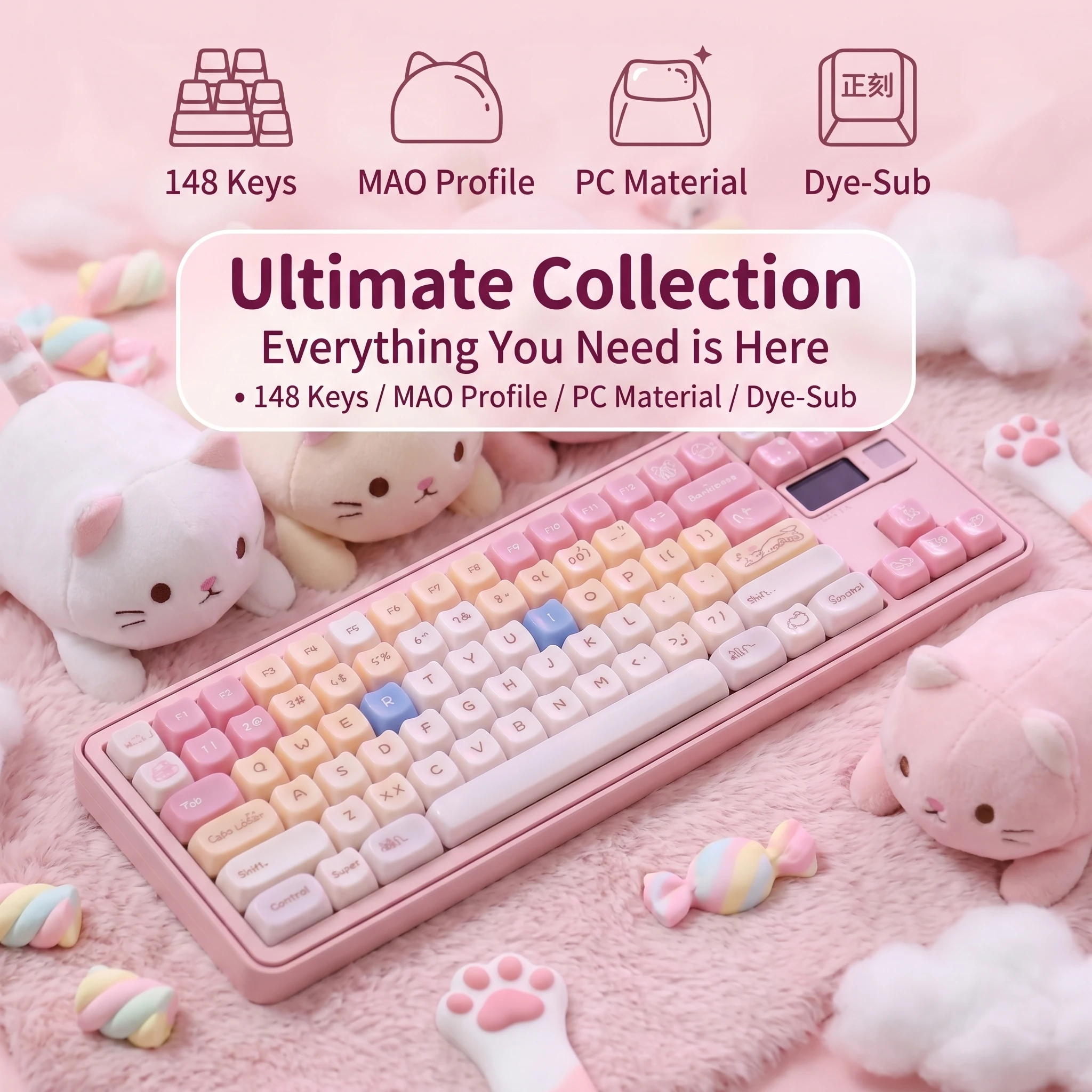 148 Keys MOA Cute PBT Keycaps, Glossy PC Transparent Design, Aesthetic Cute Style for Girls Mechanical Keyboards view 6