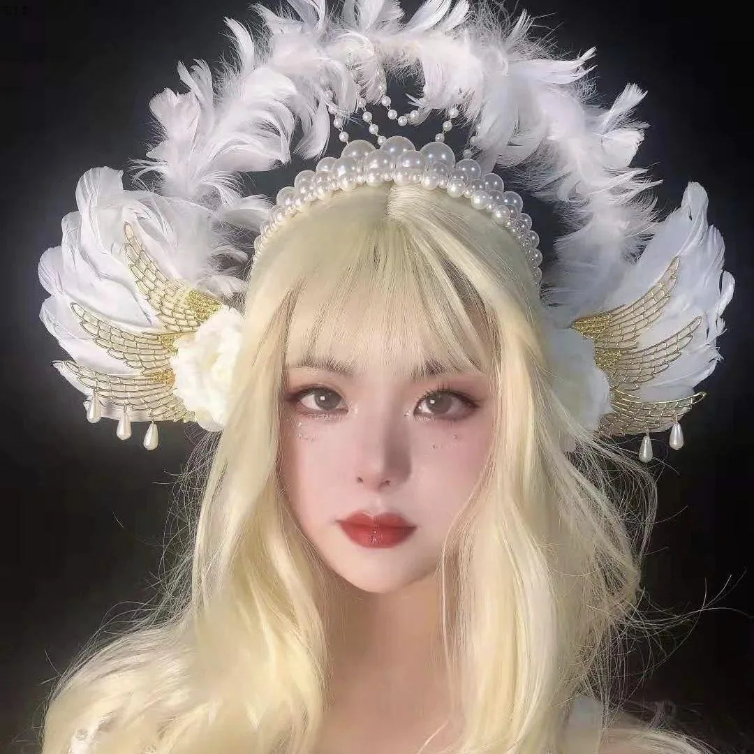 

Lolita White Angel Wings Virgin Mary Bead Chain Baroque Halo Tiara Hair Accessory Virgin Mary Sun Godmother's Crown KC Headwear