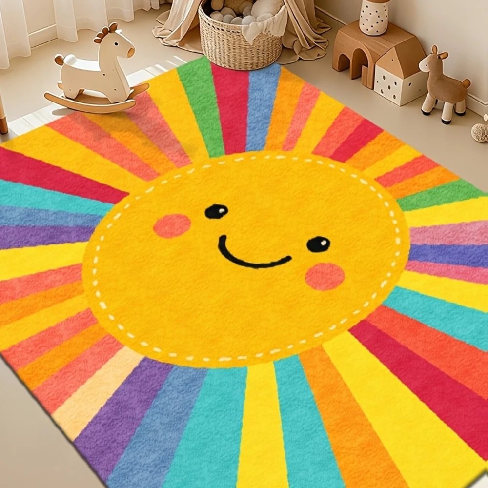 Smiley Sun Rug Rainbow Ray Printed Carpet Fluffy Soft Bedroom Floor Mat Cute Pastel Colorful Game Room Decoration
