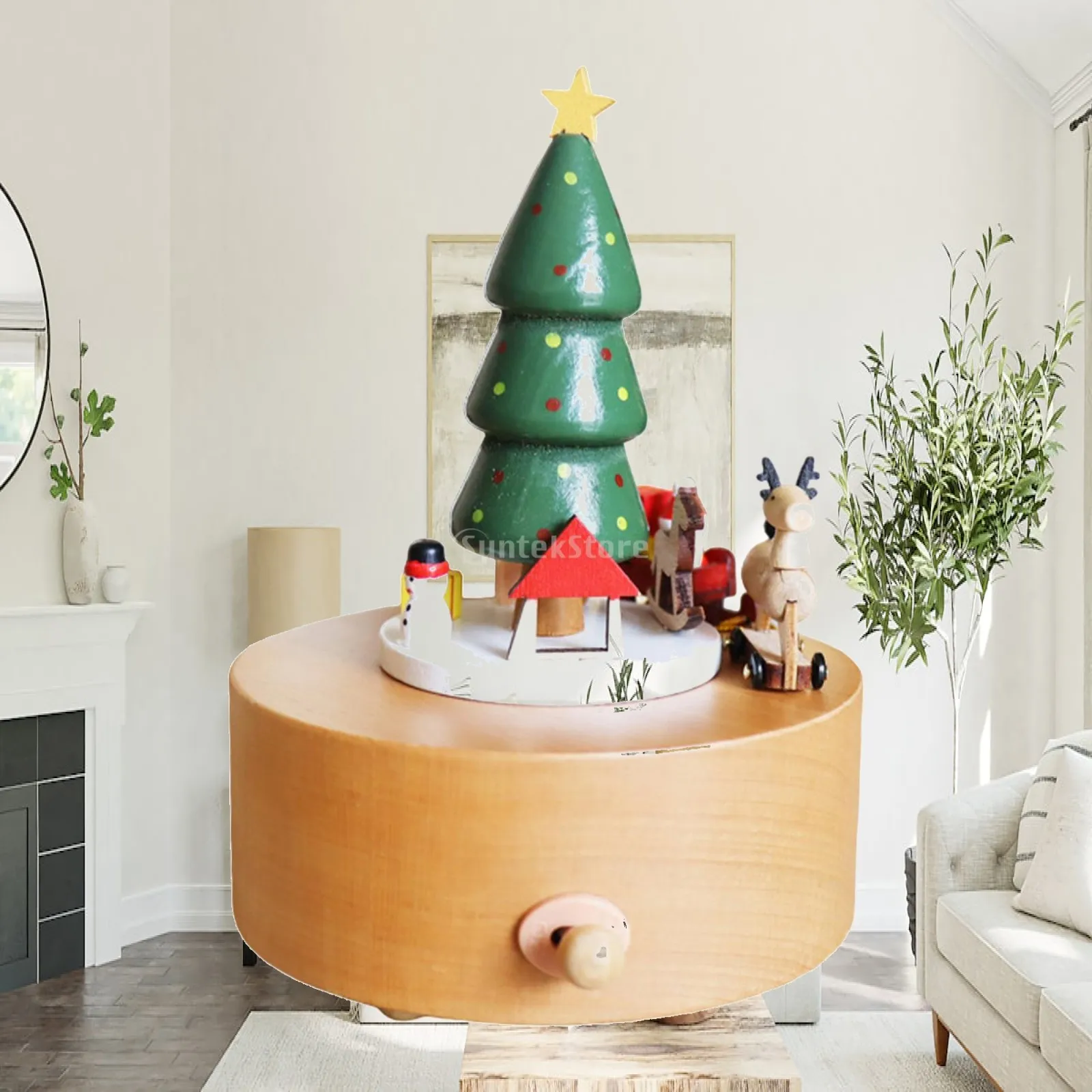Christmas Wooden Musical Boxes Wind up Musical Box Collectible Crafts with Revolving Dolls Art Rotating Music Box for Family