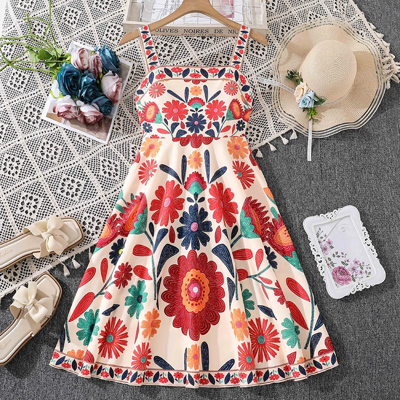 Girls 8-12 Floral Casual Dress, Front Square Neck Spaghetti Straps Floral Print A-Line/Back Smocked Bodice, Daily Kids Outfit