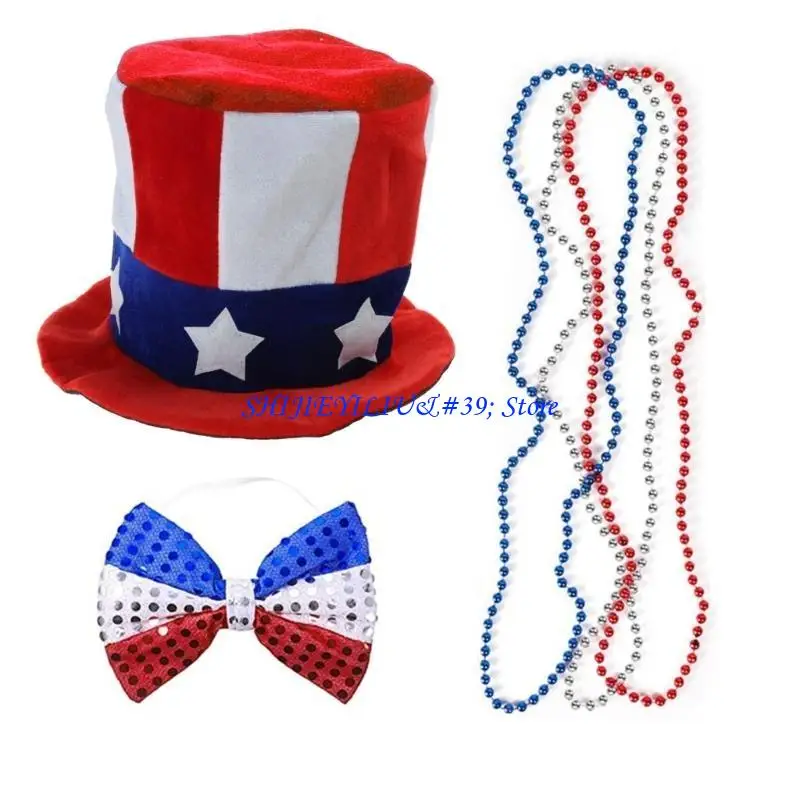 E21F Independance Day Costume Top Hat Sequins Hat Headband Necklaces Stockings