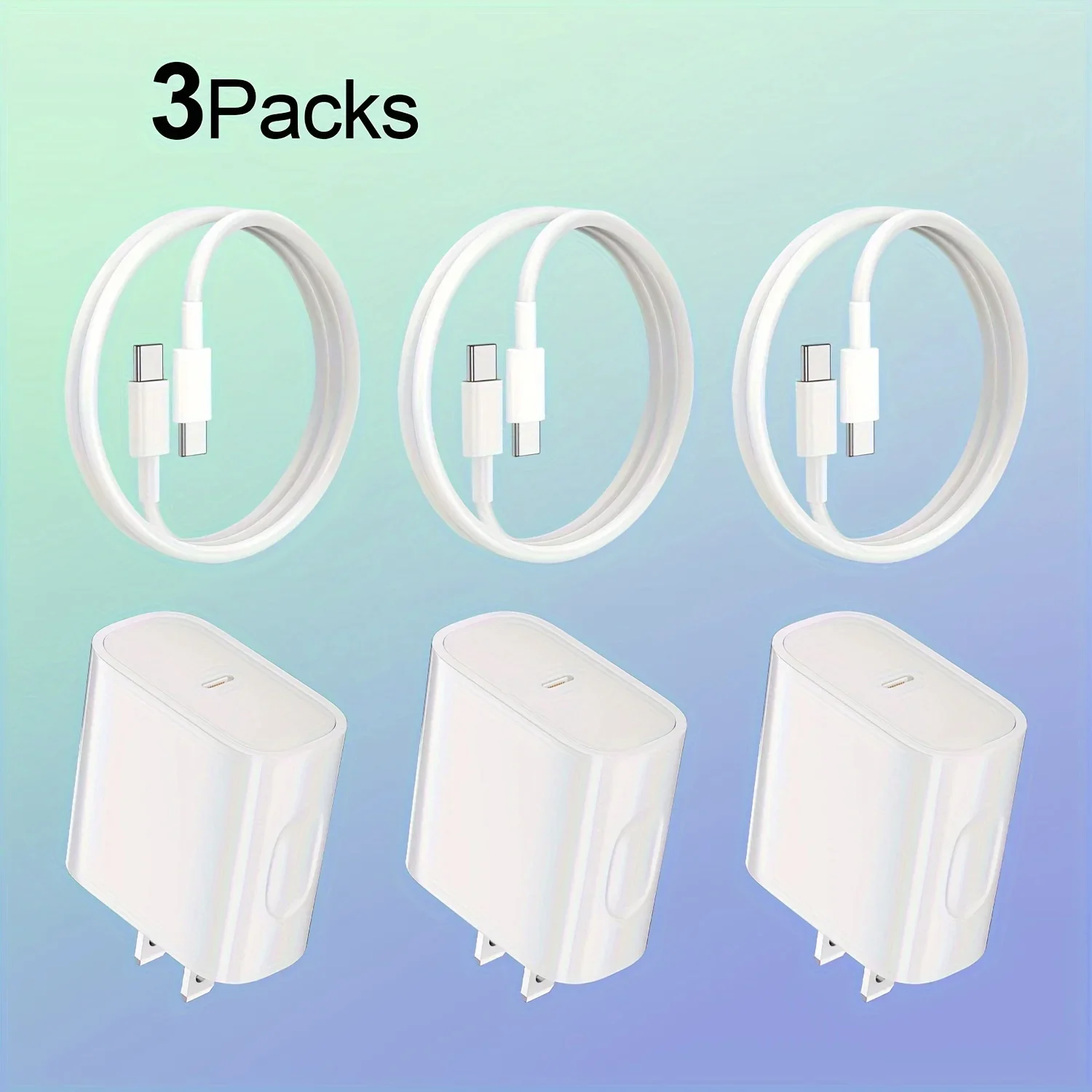 3packs 20W Fast Chargers For lPhone 15 And lPad Compact Travel USB-C Adapter with 3.3ft Cable And Us Plug