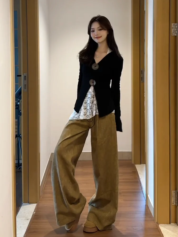 

Retro Apocalyptic Khaki High Waist Wide Leg Jeans Women's Autumn Winter Loose Slimming Drapey Straight Cut Denim Pants