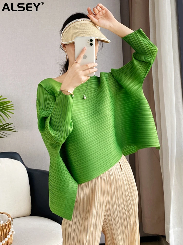 ALSEY Miyake Pleated Full Sleeve Round Collar Solid Color Shirt For Women Autumn New Plus Size Loose Casual Female Fashion Tops