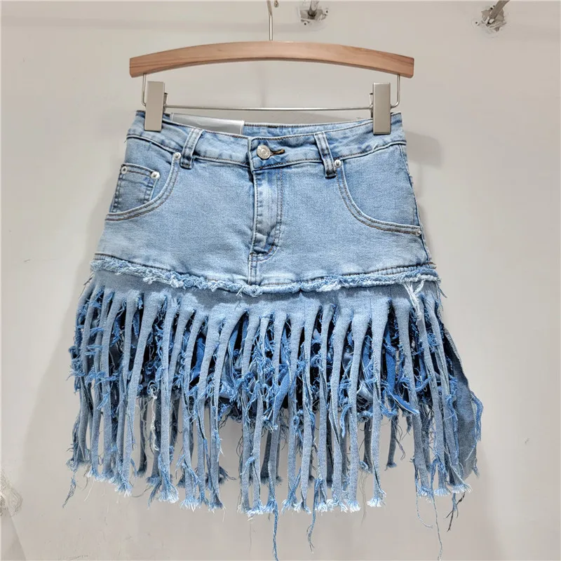 2024 Summer New American Hot Girl Heavy Industry Retro Punk Motorcycle Tassel Skirt Female Denim Short Pantskirt Women's Clothes