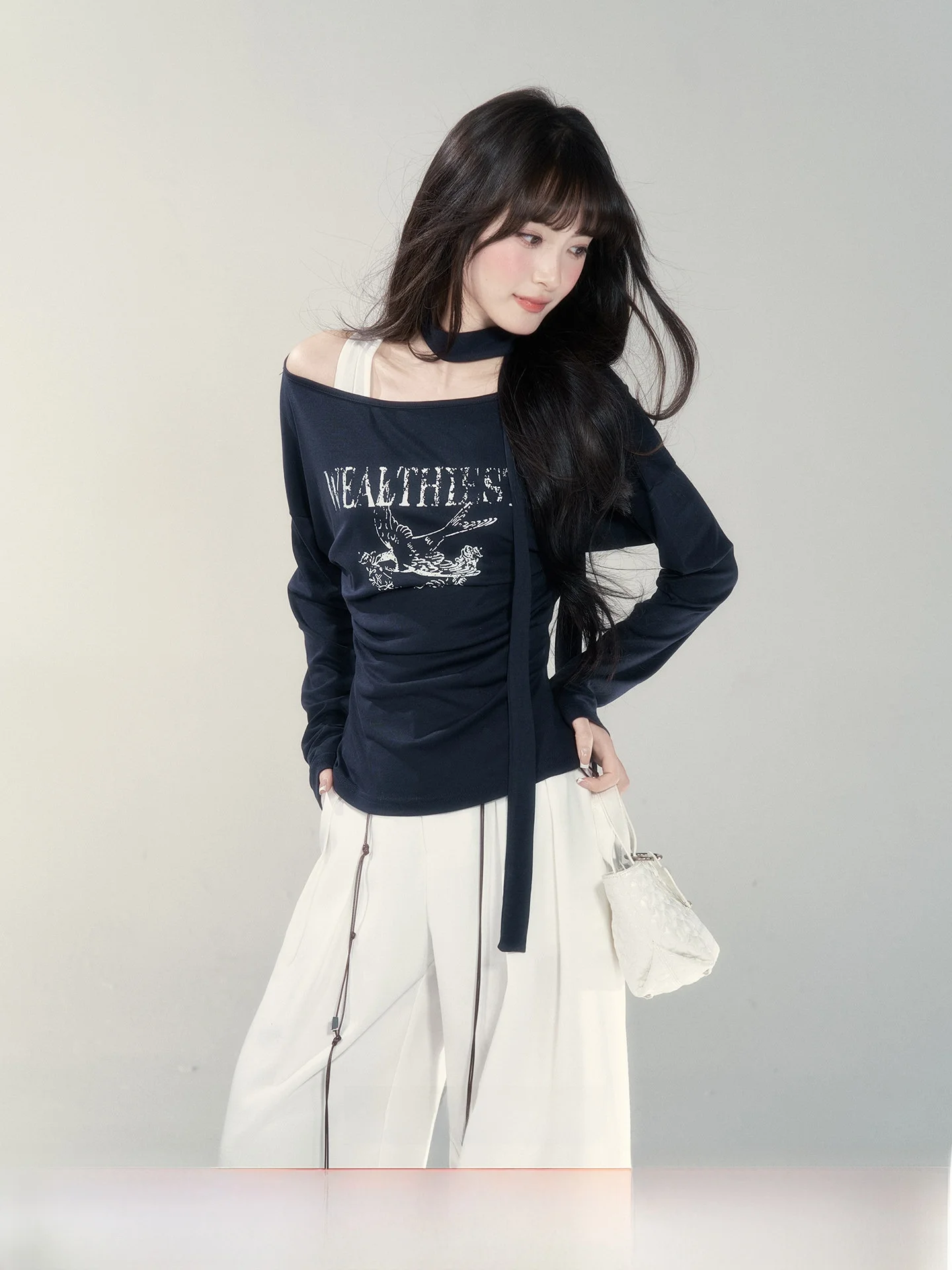 

Ele Long Sve T-irt Women's Spring 2026 New Design oulder Print Top Sli Versatile Personali Ladies Faion