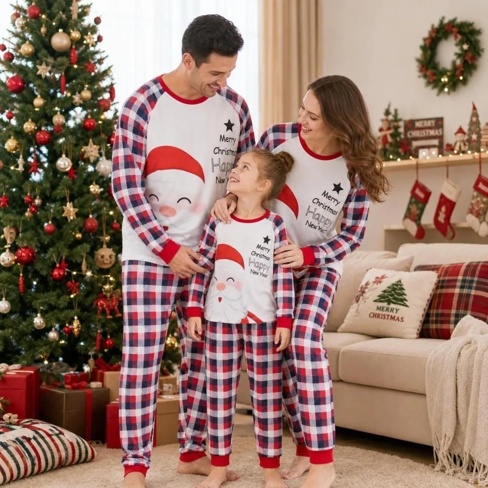 Soft Long Sleeve Christmas Pyjamas Set Plaid Printed Deer Couple Christmas Outfit Two Piece Set Santa Claus Top+Pants Loungewear