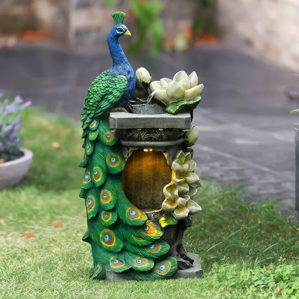 

32" Peacock and Flower Polyresin Colorful Water Fountain Outdoor with LED Lights, Floor Stacked Outdoor Fountains and Waterfalls