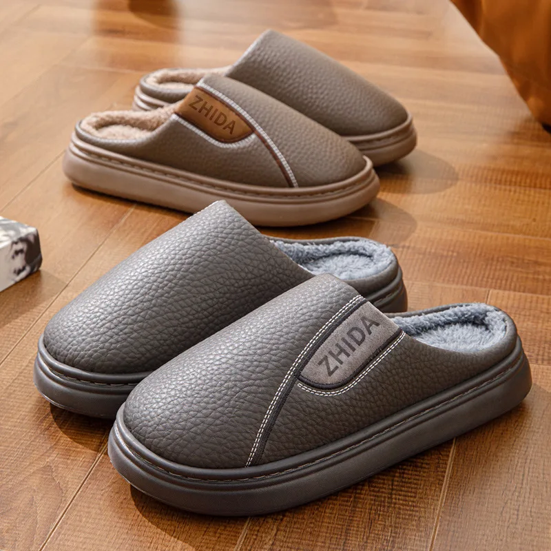 Men Winter Plush House Slippers Extra Large Size Warm Fleece Lined Thick Sole Anti Slip Waterproof PU Leather Indoor Home Shoes