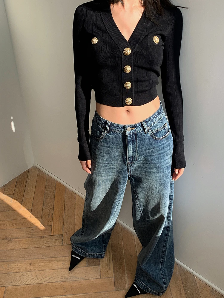 Cardigan en tricot à boutons dorés pour femme, pull court à manches longues, veste ajustée, haut pour adolescente, tenue Vintage des années 90, automne et hiver