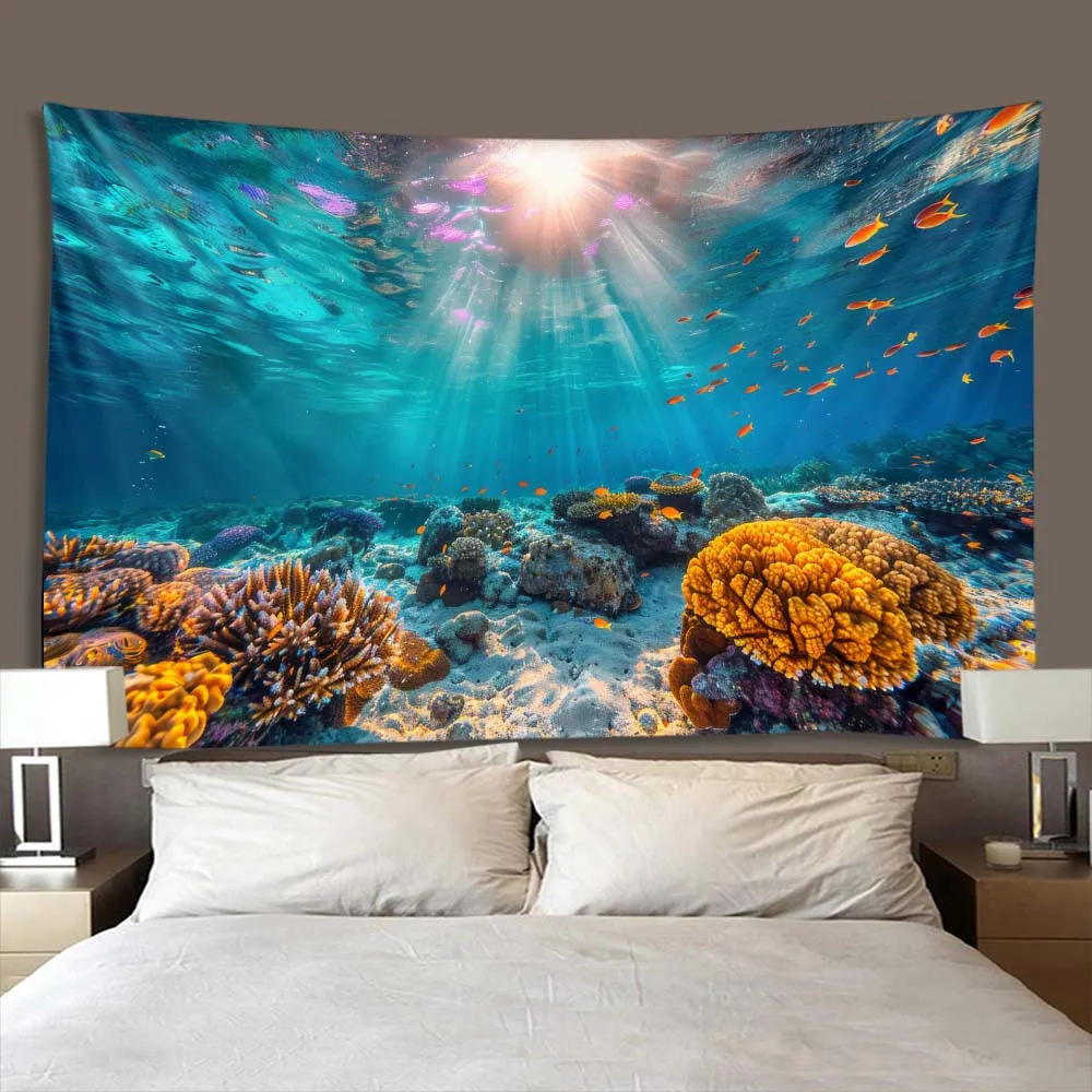 Vivid Underwater World Tapestry Sunlight Coral Reefs Fish Schools Background Fabric for Room Decoration Wall Hanging Art