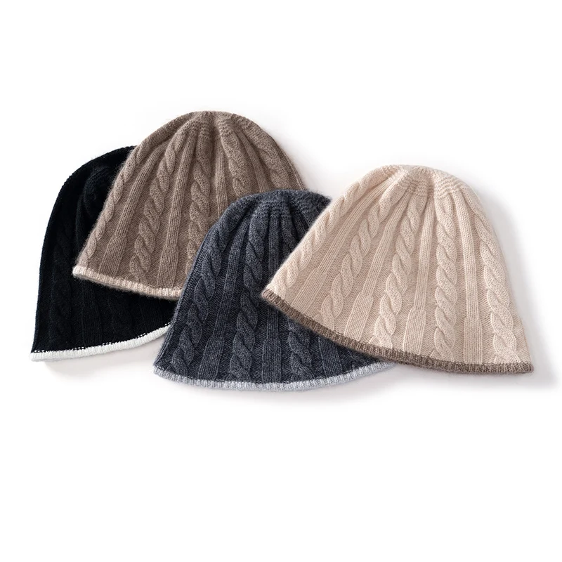 High Quality Cashmere Knitted Fisherman Hat Korean Retro Style Autumn Winter Warm Basin Cap Fashion Contrasting Design