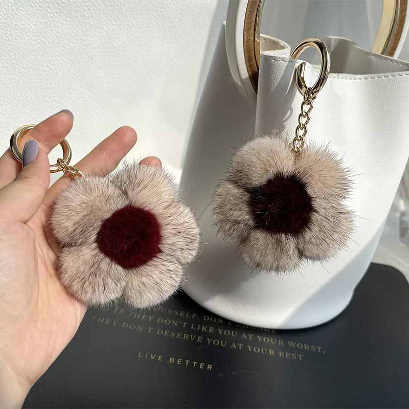 Plüsch-Blumen-Schlüsselanhänger mit künstlichem Nerzfell, Sakura-Anhänger für Autoschlüssel, Tasche, niedliche Damen-Geldbörse, Rucksack-Zubehör, florales Pompon-Geschenk