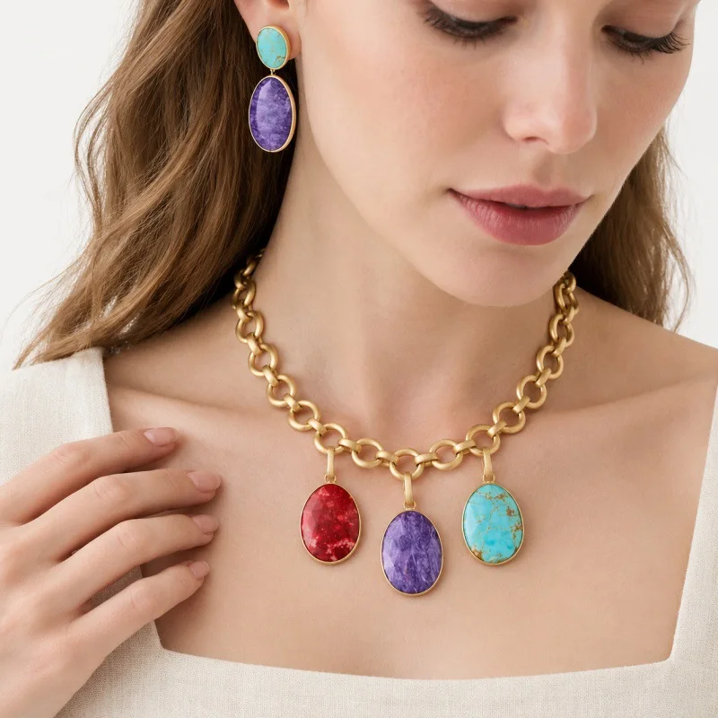 Vintage Gold Chain 3 Colors Oval Gem Pendant Necklace and Earrings Set, Red Green Purple Contrast Luxury Women Choker Jewelry Gi
