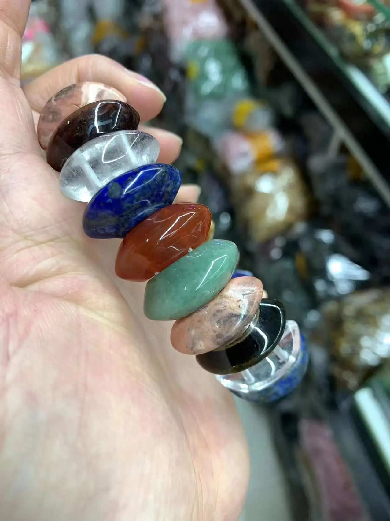 Mixed Natural Gemstone Bracelet : Green Aventurine Jade, Rose Quartz, Amethyst , White Rock Quartz, Red Agate !