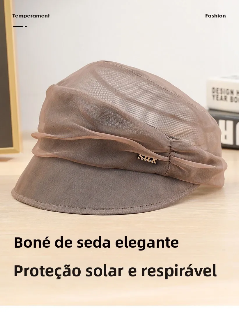 エレガントな女性用シルクワイドブリムハット、日焼け防止、肌に優しい、ファッショナブルなオールシーズン対応ダックビルキャップ、通気性のあるラウンドトップ