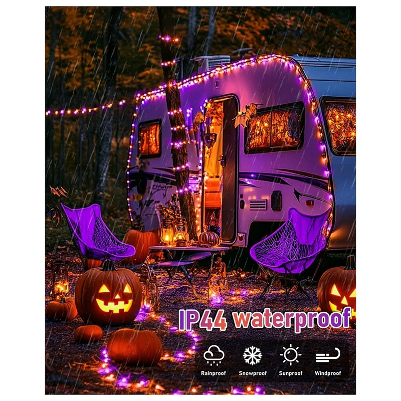 DT16 Solar Halloween String Lights, 8 Modes, Orange Purple LED, Waterproof, for Outdoor Party Decor, Spooky Atmosphere