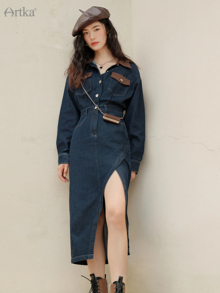 ARTKA 2022 Autumn New Women Dress Fashion Casual Lapel Dark Denim Dresses Long Sleeve Side Split Midi Dress With Bag LN92031Q