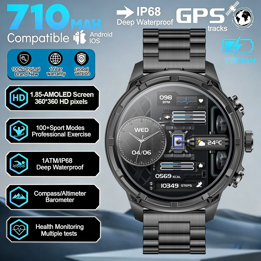 

2026 New Military Smart Watch IP68 Waterproor Men 1.85" AMOLED Screen Outdoor Sports Smartwatch LED Flashlight Bluetooth Call