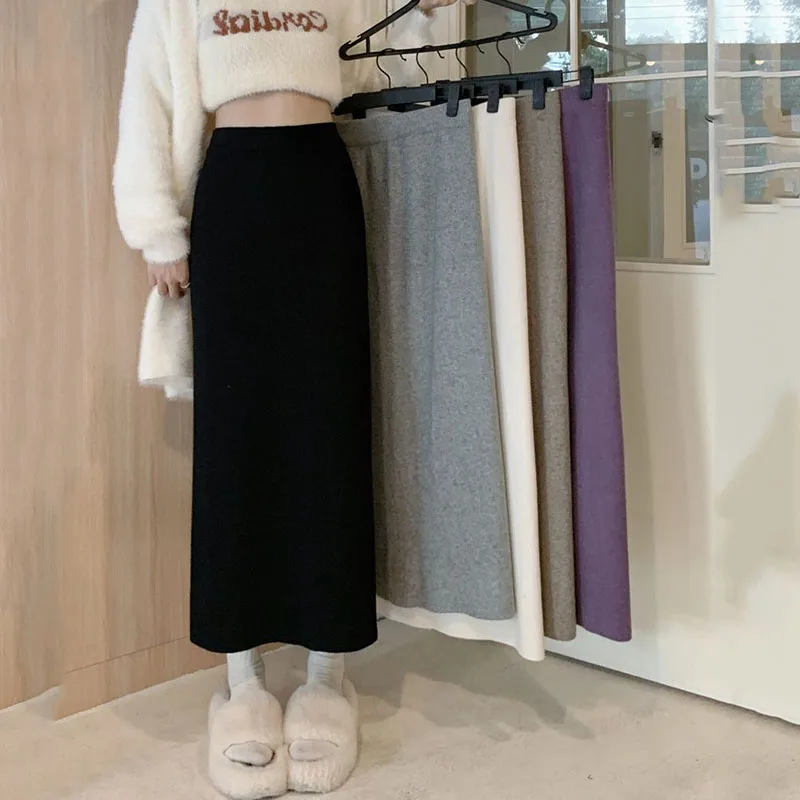 

Простые базовые трикотажные юбки, женские корейские облегающие длинные юбки-карандаш с высокой талией, женские однотонные повседневные универсальные юбки-миди