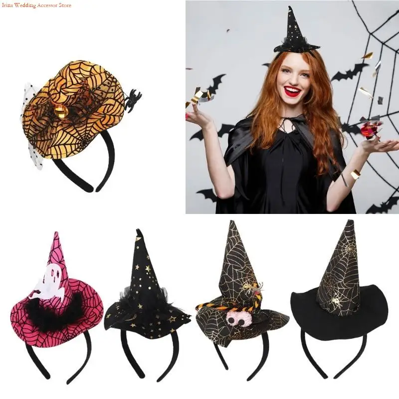 G92D Halloween Witch Caps Hairhoop for Cosplay Spiderweb Wizard Hat Headband for Adult Unisex Witch Hat Costume Accessories