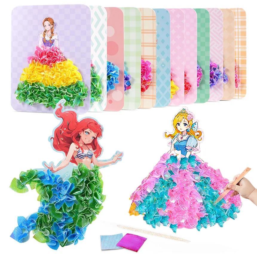 3-12pcs Sticker Cards Fabric Art Craze Poke Caft Toys Creative Puzzle Puncture Painting Poking  Princess Dressing Game Children
