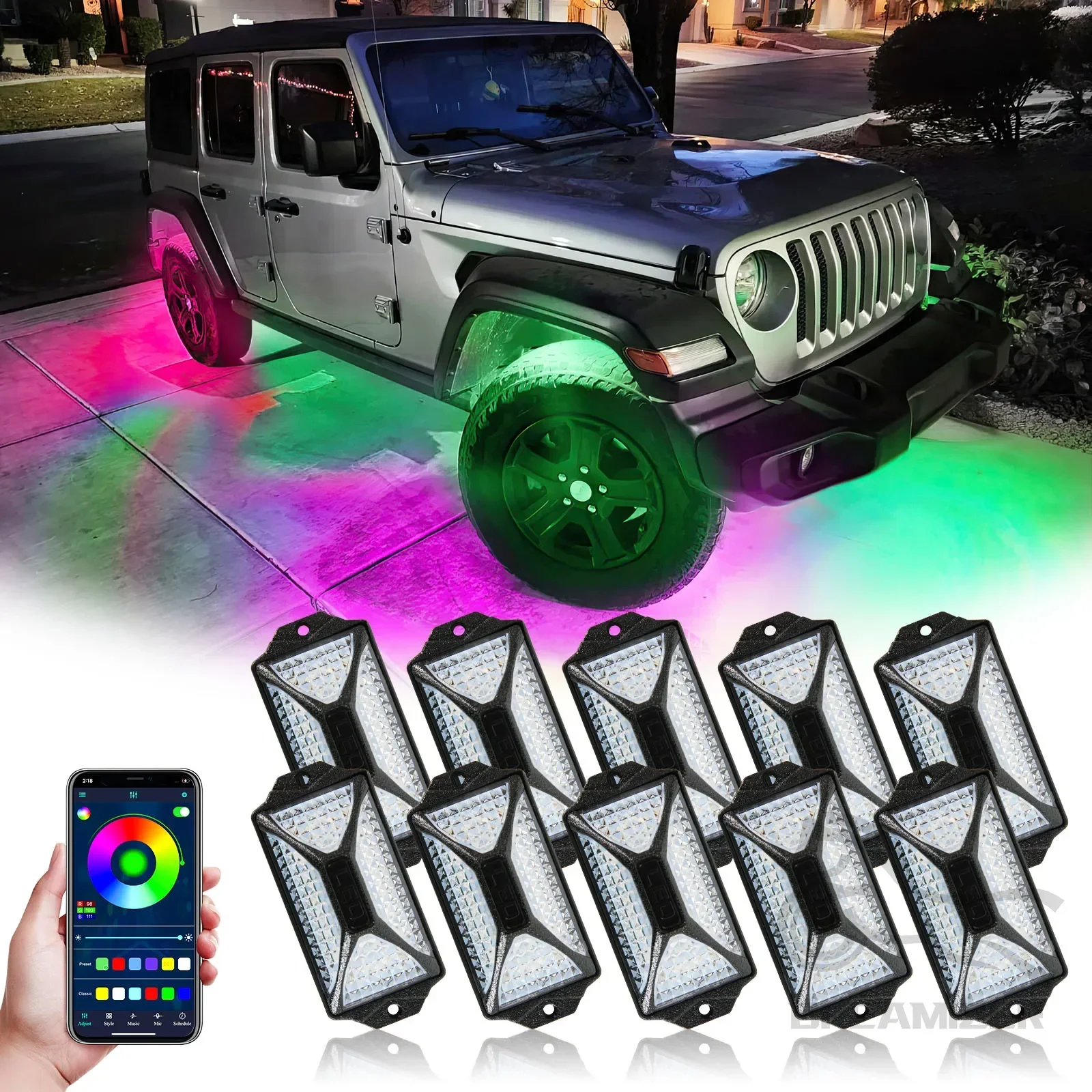 10 Pods APP Control Dream Color RGB + IC 240 LED Rock Lights For Jeep Off-Road Truck UTV Underbody Underglow Trail Rig Light