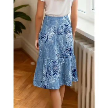 2025Girls Blue Simulated Printed Denim retro Pattern Half Skirt  Fashion All-Matching 3