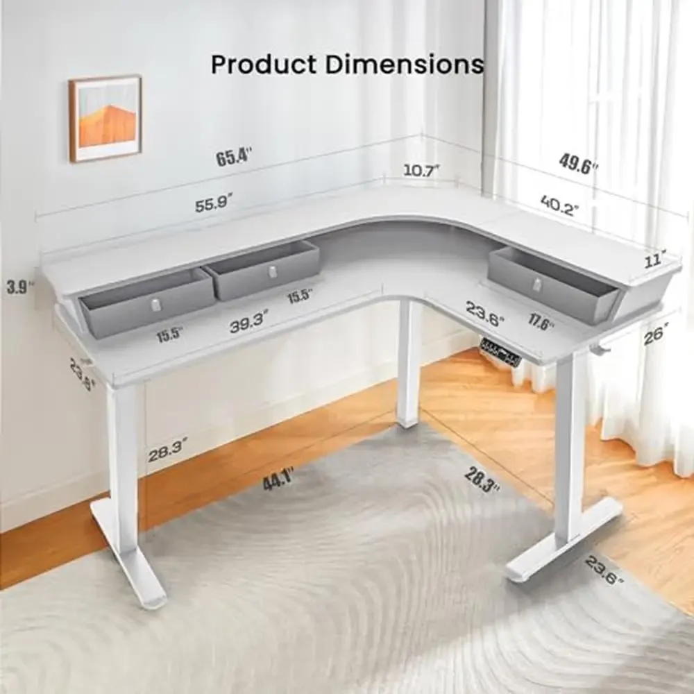 Adjustable Standing Gaming Desk with 3 Drawers & 2 Cable Management Trays Spacious L Shaped Corner Desk C-Clamp Mount Compatible