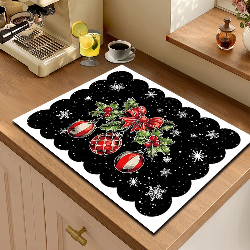 Christmas Kitchen Mat Super Absorbent Dish Drying Mats Carpet Non Slip Coffee Rug Drain Pad Countertop Protector Xmas Room Decor