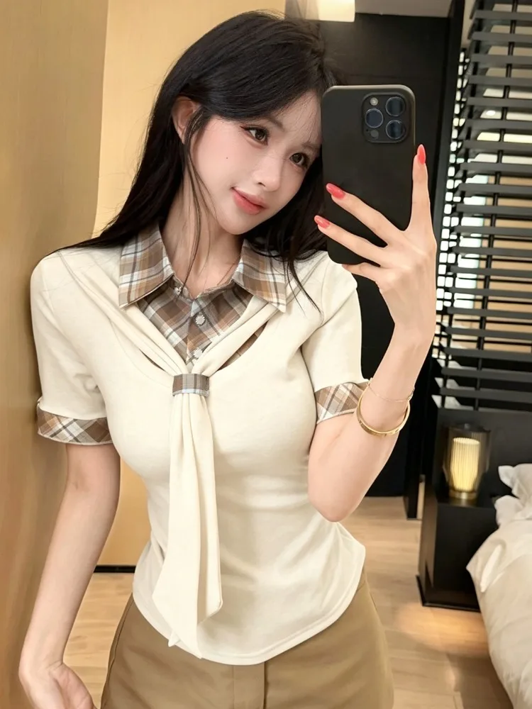 

Preppy Plaid Half Sleeve T-Shirt Women's Slim Fit Summer New Style Collar Stand up Top Female College Style Knitted Short Sleeve