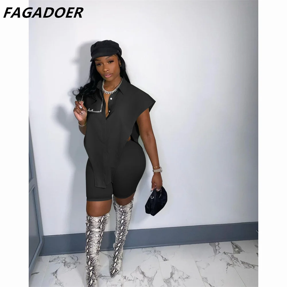 FAGADOER Sexy Hollow Two Piece Set 2023 Summer Tracksuit Women Side Hollw Out Lapel Shirt + Bodycon Shorts Club Matching Set