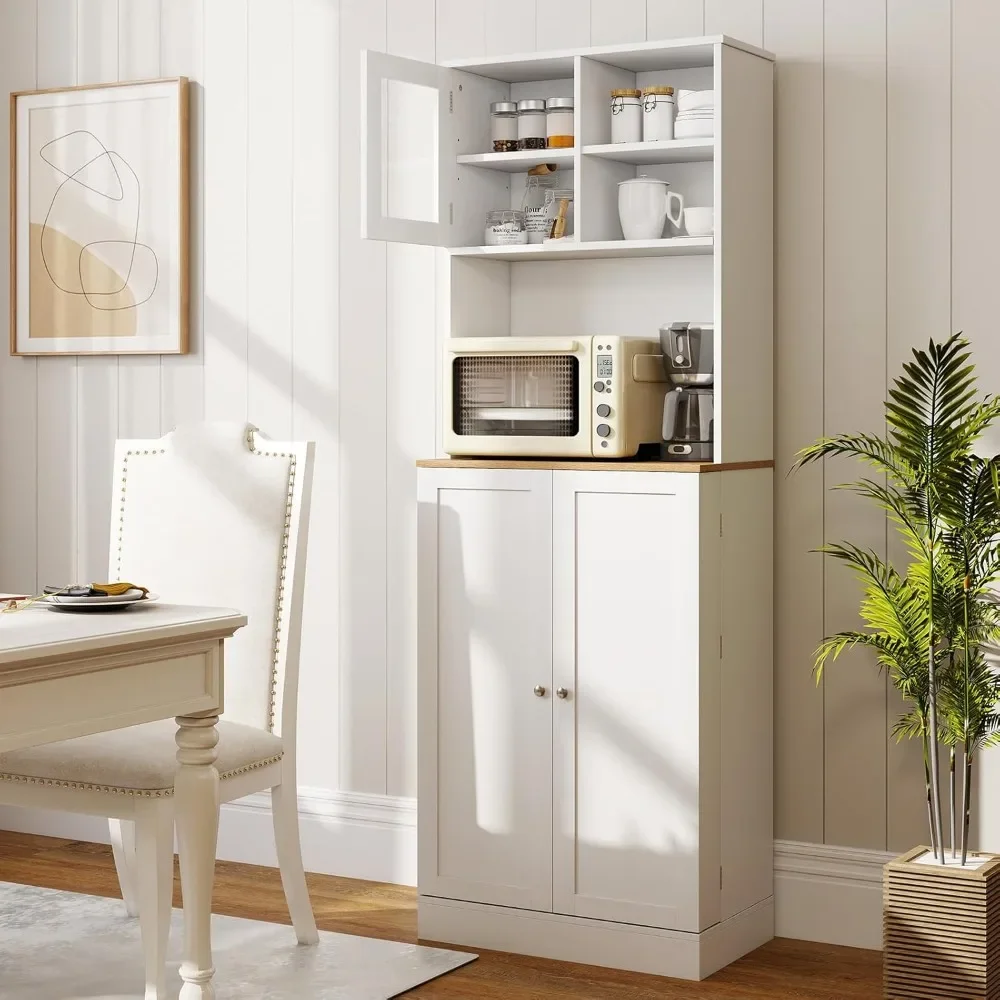 

Kitchen Hutch Cabinet, 67" Tall Pantry Cabinet with Microwave Countertop, 8 Door Shelves & 5 Adjustable Shelves, Freestanding