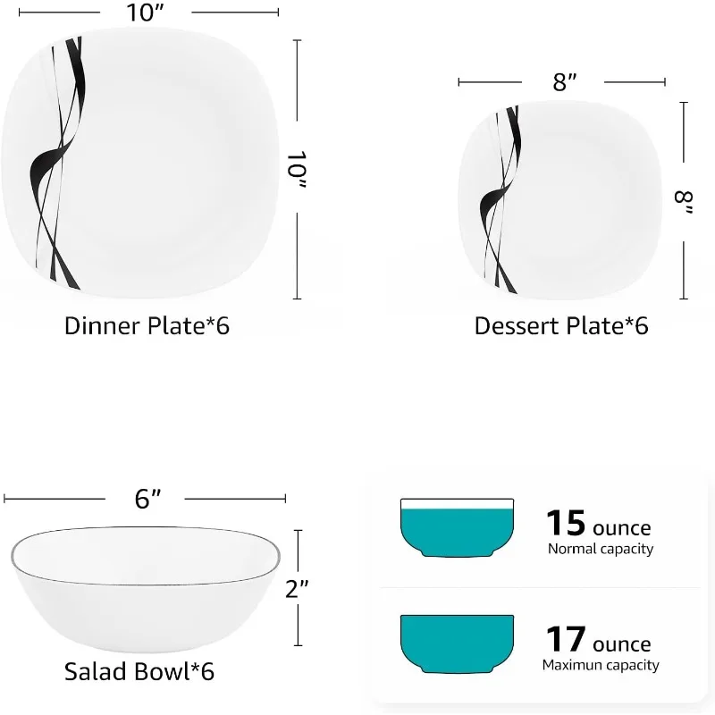 Dinnerware Set, 18-PCS Kitchen Opal Dishes Set Service for 6, Lightweight Glass Plates and Bowls Set, Break and Chip Resistant,