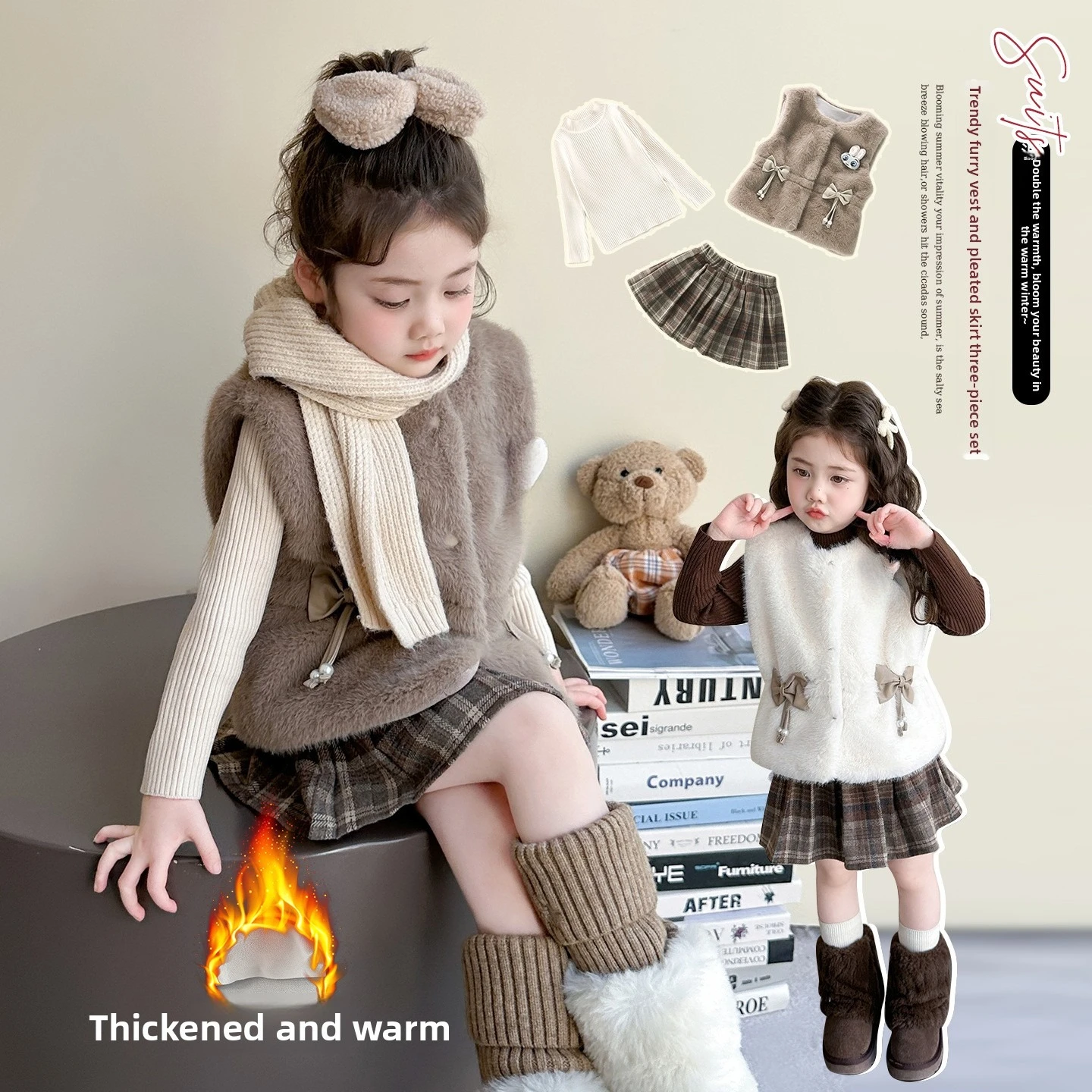

Girls' Vest Set for Autumn and Winter 2025 New Sweater, Children's Stylish Thickened Pleated Skirt Three Piece Set