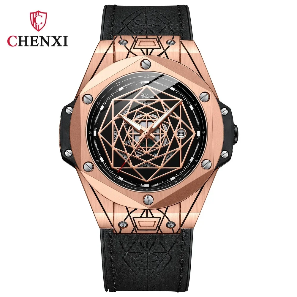 CHENXI New Fashion Men Sport Watches Waterproof Large Dial Luminous Watch for Men Leather Strap Calendar Wristwatch Male Relogio