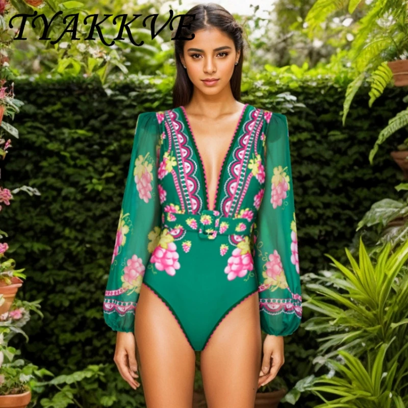 2024 New Women's Deep V Long Sleeved Retro Printed One Piece Swimsuit Summer Beach Sexy Bikini Swimwear Long Dress Set Bodysuit