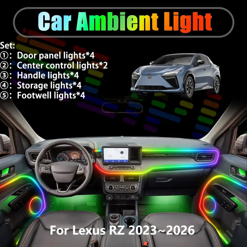 Для Lexus RZ 2023~2026 EB10 EB20: Комплект светодиодной подсветки салона и багажника (2/18 в 1), USB RGB, с эффектом «бегущей волны»