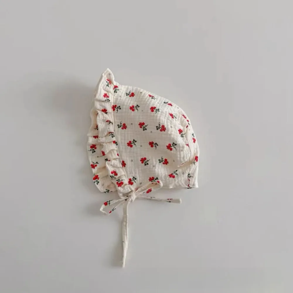 

Корейская детская шапка с оборками, мягкая хлопковая шапка от солнца для новорожденных, шапка принцессы с цветочным принтом вишни, шапка-бини для младенцев, От 2 до 12 месяцев