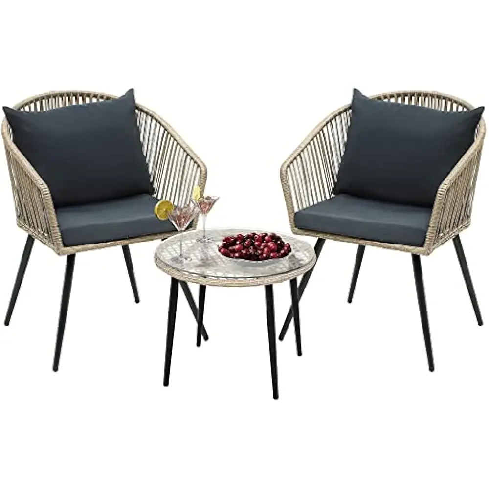 

3-Piece Outdoor Patio Furniture Wicker Bistro Set, All-Weather Rattan Conversation Chairs with Soft Cushions, Glass Side Table