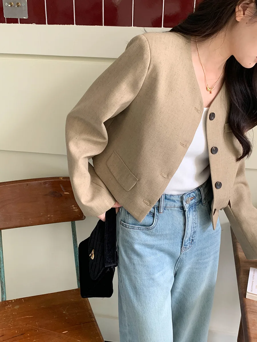 

Early autumn new high-end small fragrance linen short suit jacket