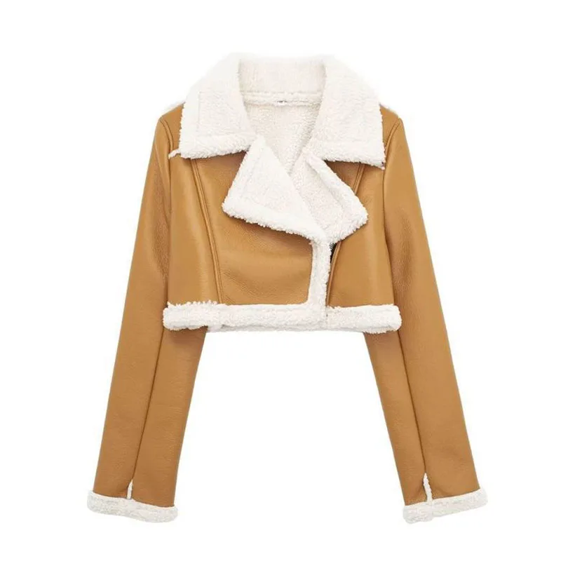 Overcoat Autumn Winter Lapel Biker Jacket Women's Fashion Short Contrast Zipper Top Comfortable Casual Women's Leather Coat H110