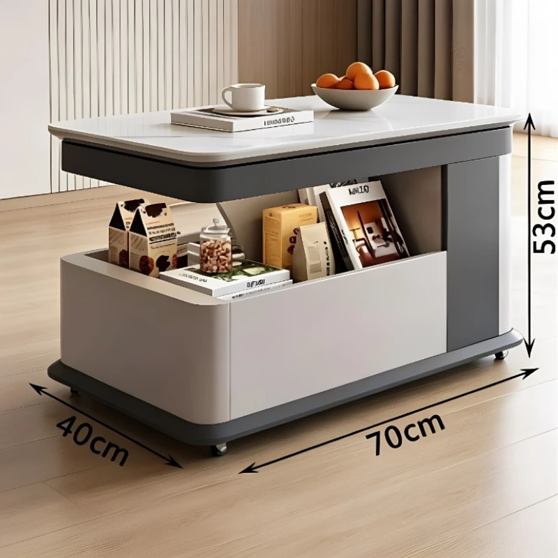 Storage Folding Coffee Table Living‑Room Center Side Cabinet Modern Wheels Side Tables 70×40×53cm Table Basse Nordic Furniture