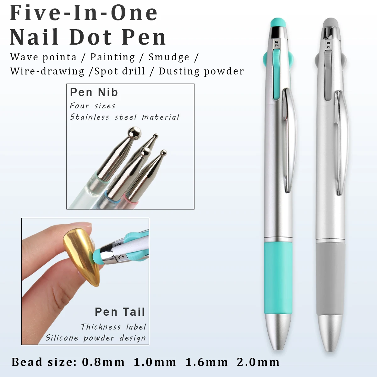 5 In 1 Nail Art Dotting Pen Press Type Nail Dot Bead Pen Multi Size Metal Dot Head Nail Painting Drawing Tool for DIY Nail Salon