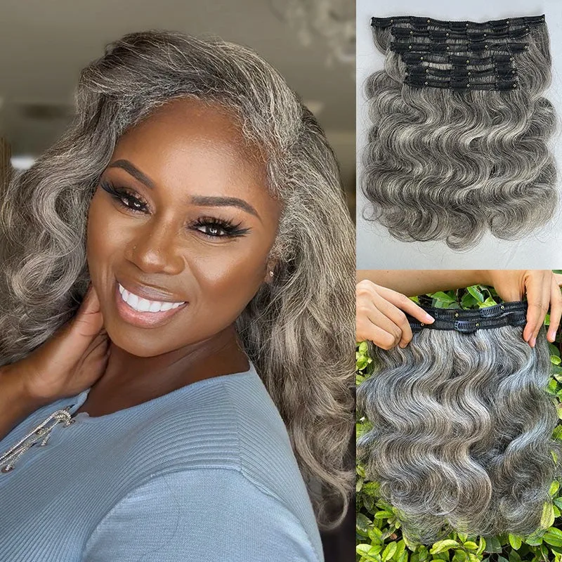 

Soul Lady Salt n Pepper Body Wave Hair Clip In Hair Extensions Silver Gray Real Human Hair Extension Invisible Edge 6 Pieces/Set