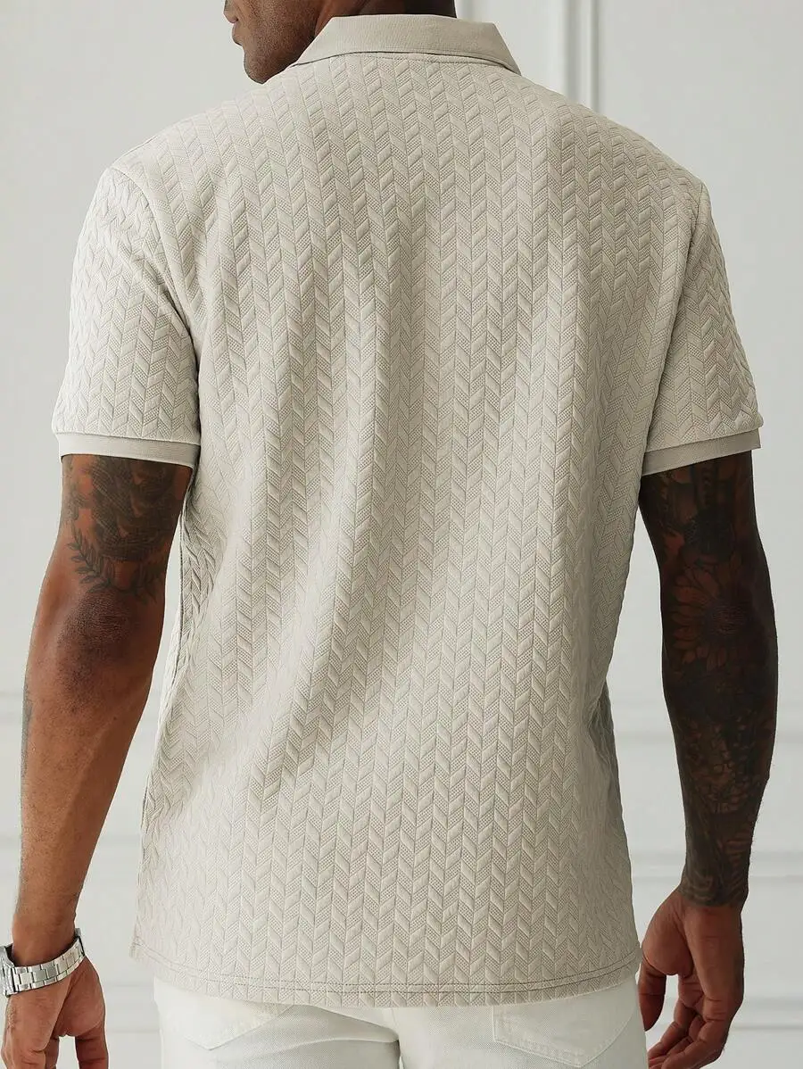 Men's Beige Geometric Textured Jacquard Knit Short-Sleeve Polo Shirt, Casual Fit for Summer Daily Wear